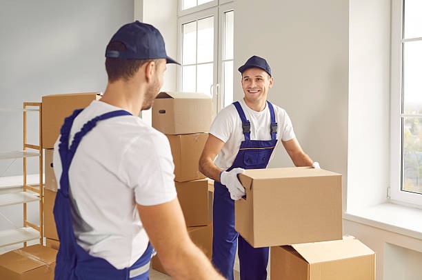 Smiling movers in uniform carrying boxes