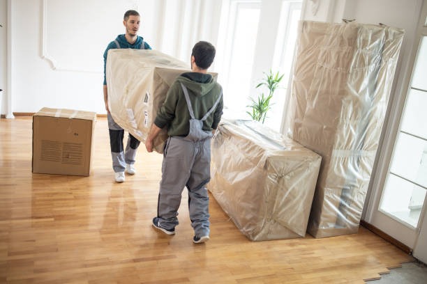 Movers wrapping sofa inside living room